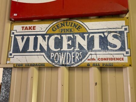 Vintage Original Painted Tin Vincents Powders Sign - App. 760mm x 300mm