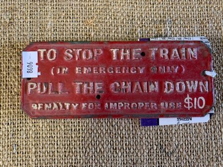 Vintage Cast Iron Train Alarm Pull Warning Sign - App. 160mm x 60mm