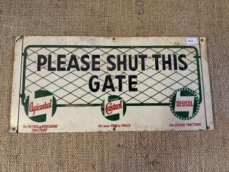 Vintage Painted Steel Castrol Please Shut this Gate Sign - App. 380mm x 185mm