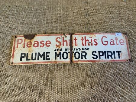 Vintage Enamelled Plume Motor Spirit Please Shut Gate Sign - App. 380mm x 100mm