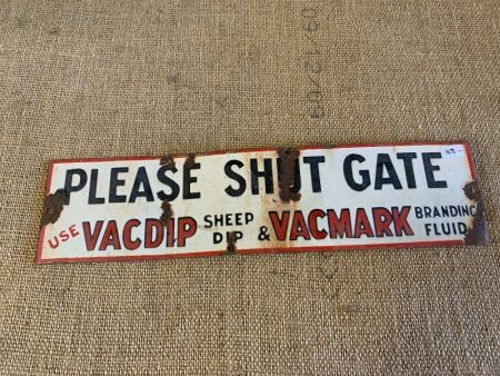 Vintage Enamelled Vacdip/Vacmark Please Shut Gate Sign - App. 400mm x 100mm