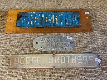 3 x Vintage Motoring Signs/Plaques - Land Rover, Freighter, Dodge Brothers