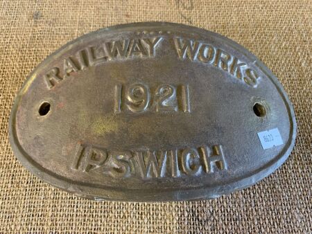 Antique Curved Cast Brass Plaque Railway Works 1921 Ipswich - App. 230mm x 130mm