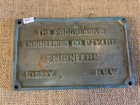 Antique Cast Brass Plaque The Progressive Engineering Co. Pty. Ltd.Sydney NSW - App. 225mm x 140mm