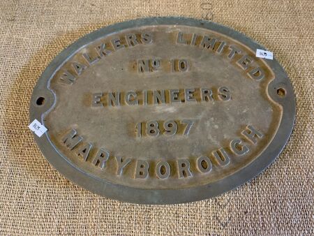 Large Antique Cast Brass Plaque Walkers Limited No.10 Engineers 1897 Maryborough - App. 320mm x 250mm