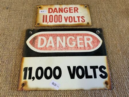 2 x Vintage Enamelled Danger 11,000 Volts Signs - Largest App. 200mm x 150mm