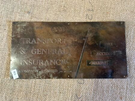 Vintage Pressed Brass Insurance Agency Door Sign - App. 280mm x 140mm