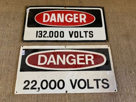 2 x Vintage Enamelled Danger Signs - 132,000 Volts and 22,000 Volts - Both App. 380mm x 190mm