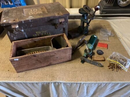 Vintage Steel 303 MK7 Ammo Box + Simplex Reloading Press, Powder Measure Etc