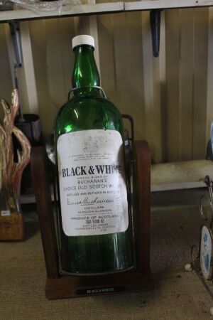 Large Black & White Whisky Bottle and Stand