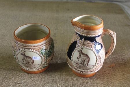 2 x Vintage Stein Type Pottery Pots with Kangaroo Motifs