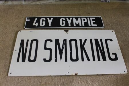 Vintage Enamelled No Smoking Sign + Later 4GY Gympie Rego - Sign App. 610mm x 300mm