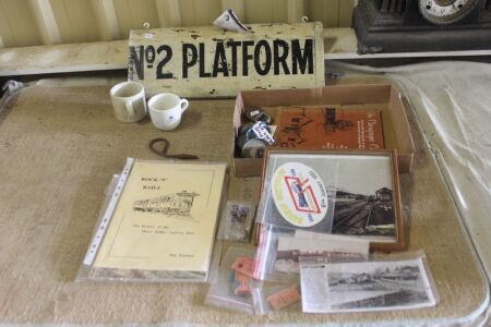 Asstd Lot of Gympie Railway Memorabilia inc. No.2 Platform Sign, QRR Mugs Etc