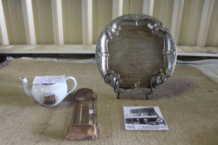 Asstd Lot of Advertising for A.Schumann New Cash Store Mary Street Gympie inc. Plated Tray, Thermometer and Tea Pot