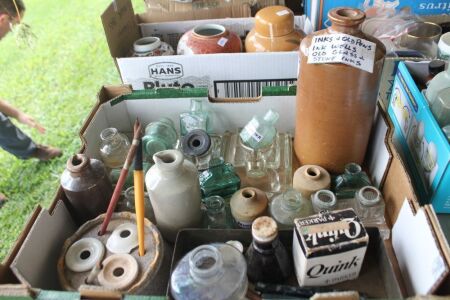 Asstd Box Lot of Vintage Ink Bottles, Pens etc