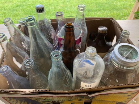 Asstd Box of 15 Vintage Bottles + Crock and Rainbow Beach Glass