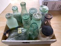 Asstd Box of 10 Antique Pickle Jars + Bag of Lids