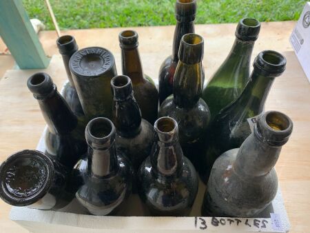 Asstd Box Lot of 13 Antique Black Glass Bottles from Gympie Goldfields - Bottom Embossed c1870's