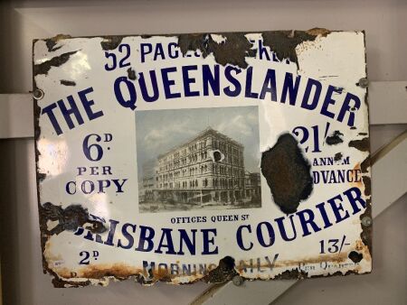 Rare Antique Enamel Sign for The Queenslander & Brisbane Courier Morning Daily - As Is - App. 600mm x 450mm