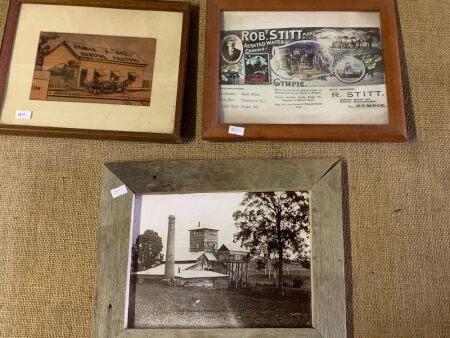 3 Framed Historical Gympie Photographs including Skanks an Sons Cordials, Rob Stitt Aerated Water and Cordial, and The Federal Brewery Gympie 1921