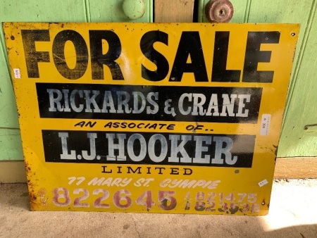 Vintage Painted Steel L.J.Hooker Gympie For Sale Sign - App. 600mm x 450mm