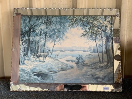 Small Vintage Scalloped Edge Mirror Framed River Scene Signed Adams - App. 450mm x 350mm