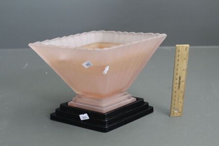 Original Vintage Art Deco Frosted Pink and Black Glass Diamond Vase With Frog