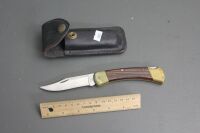 Buck 110M USA Folding Lock Back Hunting Knife Brass and Rosewood Handle + Original Leather Case - 3