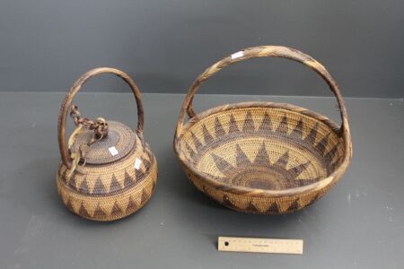 Vintage Buka Ware Market Basket and Lidded Basket Decorated with New Guinea Rat Skull