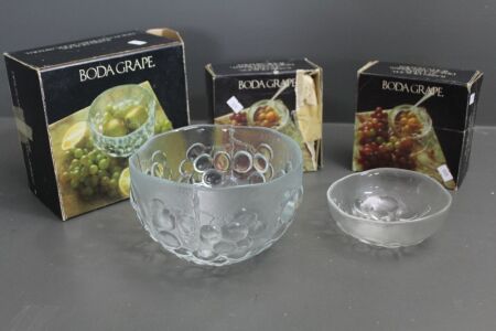 Vintage Boxed Kosta Boda Grape Fruit Bowl and 2 x 2 Boxed Desert Bowls