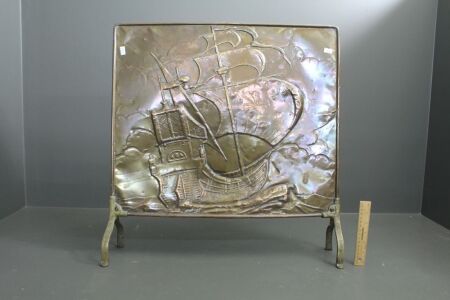 Antique Hand Hammered Brass Fire Screen with Galleon Motif