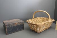Antique Timber Box for Restoration + Heavy Wicker Market Basket
