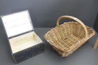 Antique Timber Box for Restoration + Heavy Wicker Market Basket - 2