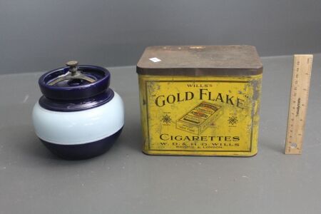 Large Vintage Will's Gold Flake Tin + Aonian Glazed Stoneware Tobacco Jar