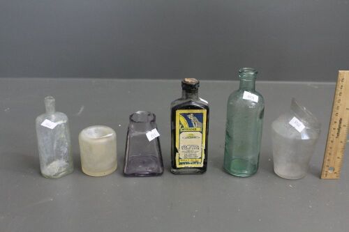 6 x Asstd Glass Bottles inc. Savar's Measure, Harvey Brisbane Essence, Amethyst Glue, Unspillable Inkwell, 1840's Perfume, Docker's Strawdi