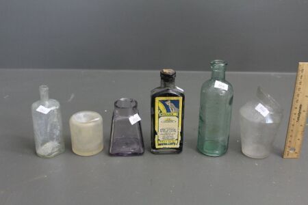 6 x Asstd Glass Bottles inc. Savar's Measure, Harvey Brisbane Essence, Amethyst Glue, Unspillable Inkwell, 1840's Perfume, Docker's Strawdi