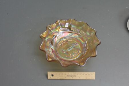 Antique Marigold Carnival Glass Kingfisher Ruffle Edged Bowl Rd. 4184