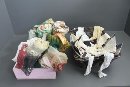 Basket of Vintage Lace and Collars etc + Box of Vintage Curtains and Materials