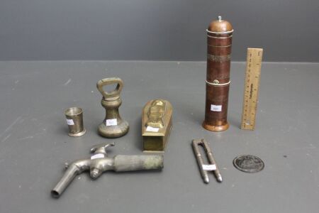 Asstd Vintage Metalware inc. 2lb Brass Bell Weight, Brass Coffin Box, Keg Tab, Measure, Cricket Medallion, Coffee Grinder