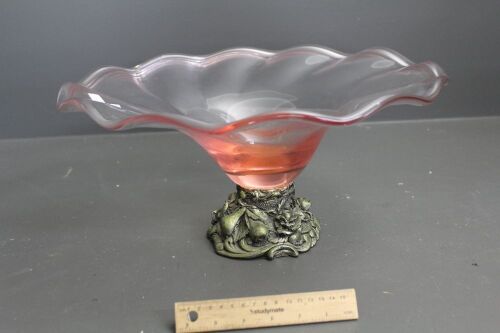 Large Art Glass Bowl on Brass Look Base