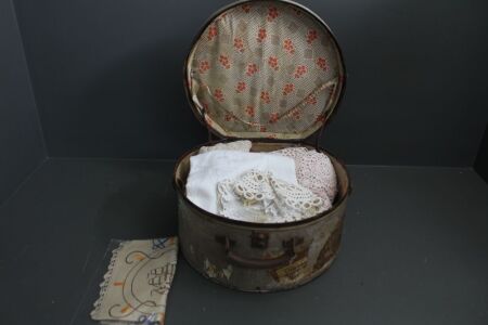 Vintage Hat Box with Lace and Linen Inc Tablecloths etc