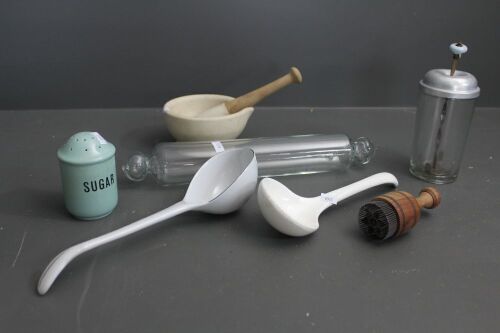 Interesting Asstd Lot of Kitchenalia inc. Pestle & Mortar, Glass Rolling Pin, Nestle Malted Milk Jar, China Ladles Etc