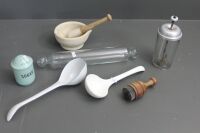 Interesting Asstd Lot of Kitchenalia inc. Pestle & Mortar, Glass Rolling Pin, Nestle Malted Milk Jar, China Ladles Etc - 2