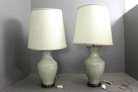 Pair of Large Celadon Glazed Ceramic Lamps on Timber Stand with Matching Shades