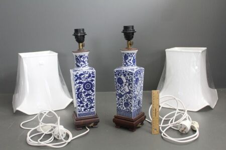 Pair of Contemporary Chinese Blue and White Vase Lamps on Timber Stands with Shades