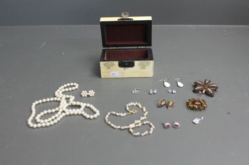 Asian Bone Trinket Box With Sterling Silver Earrings and Pendants + Costume Jewellery