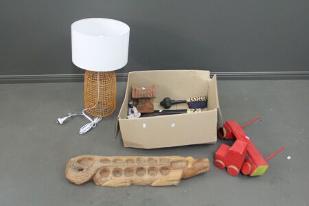 Asstd Lot of Tribal Masks, Tools, Weapons etc + Toy Train & Lamp