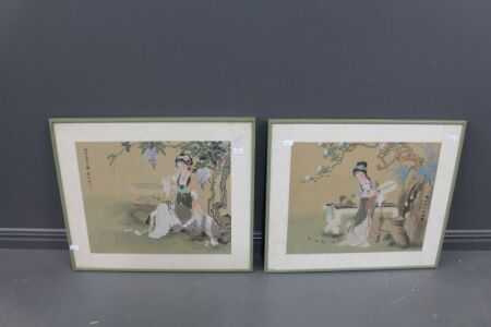 2 Original Vintage Framed Chinese Silk Paintings