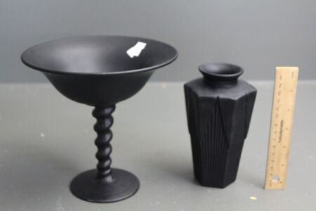 Tiffin Black / Amethyst Satin Glass Compote with Barley Twist Stem + Similar Art Deco Design Vase