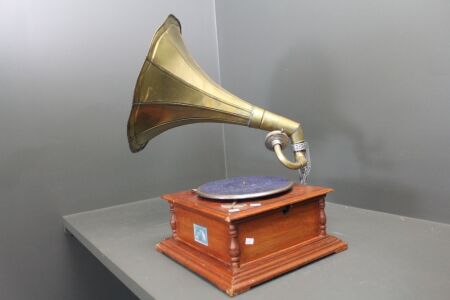Vintage Style Timber Cased HMV Wind Up Turntable with Brass Horn